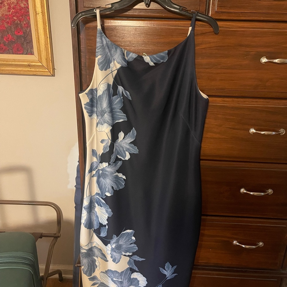 Donna Karan Blue and Cream Floral Midi Dress